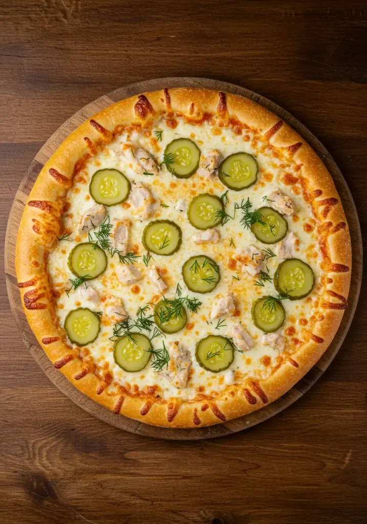 Chicken pickle pizza with melted cheese and dill