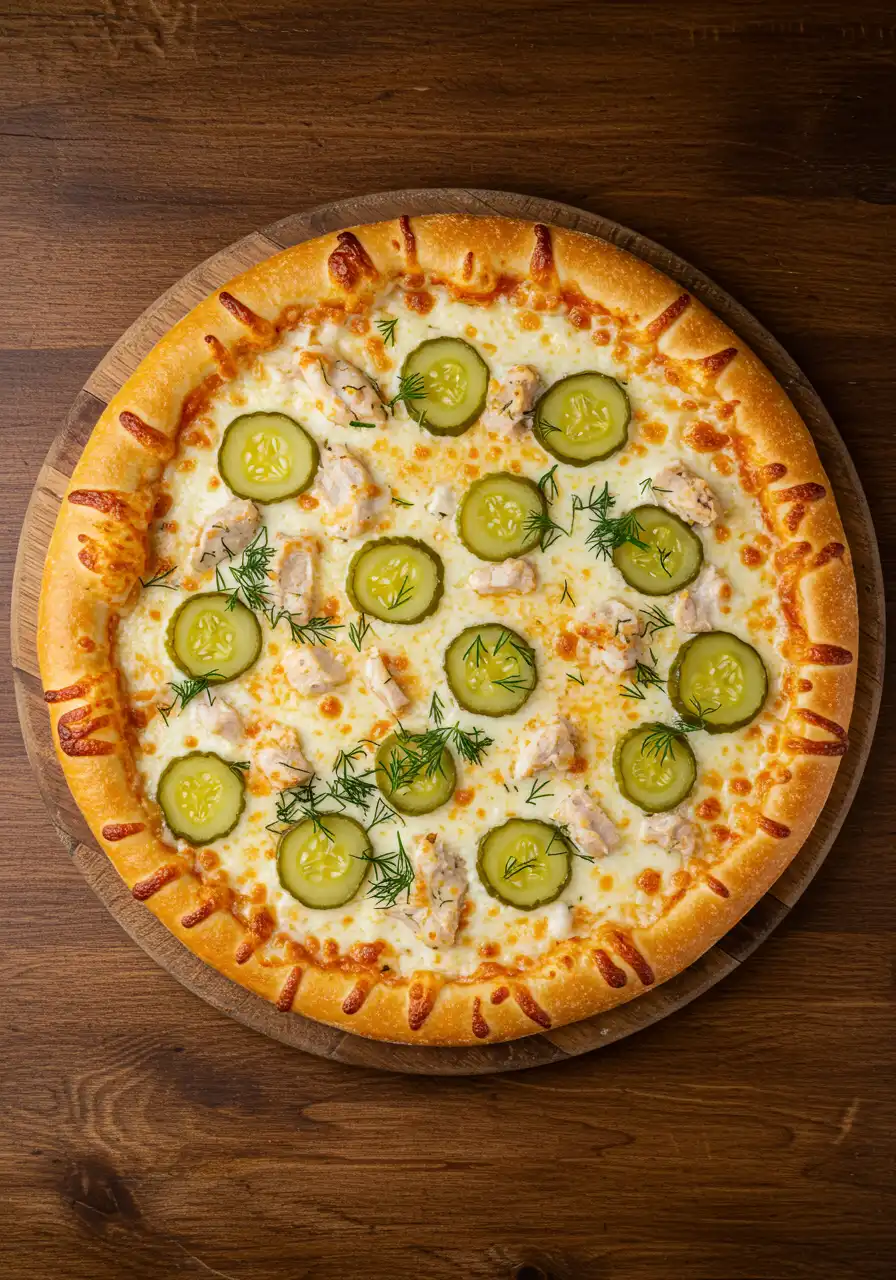 Chicken pickle pizza with melted cheese and dill