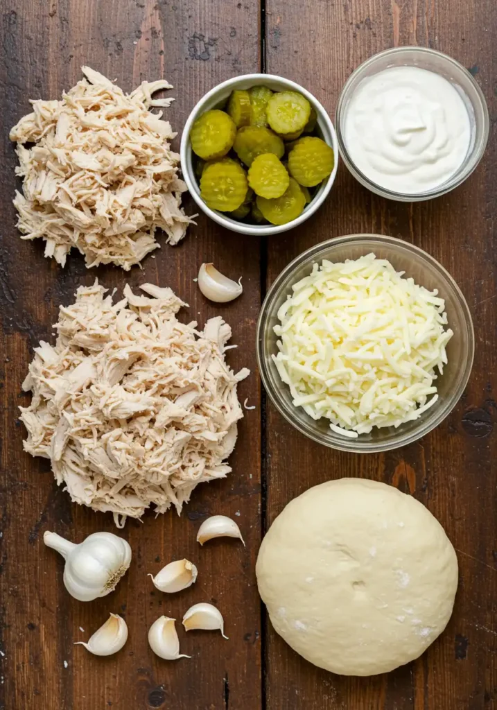Chicken pickle pizza ingredients laid out