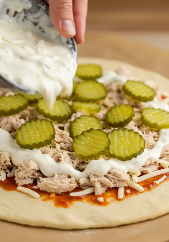 Layering chicken and pickles on pizza dough