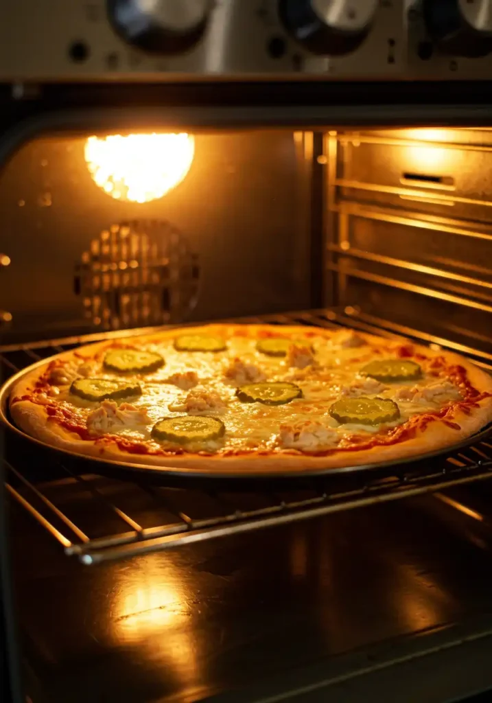 Chicken pickle pizza fresh from the oven