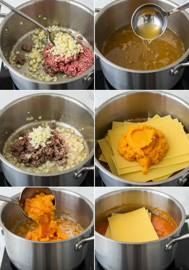 Step-by-step making of pumpkin lasagna soup in pot