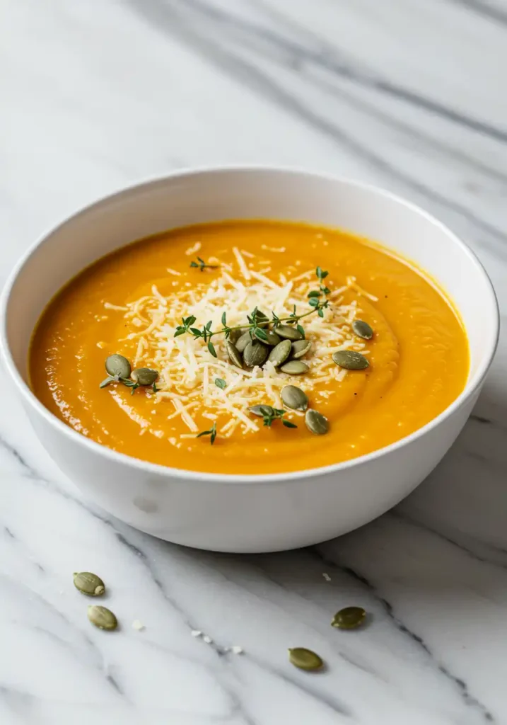 Pumpkin lasagna soup in bowl with cheese and basil