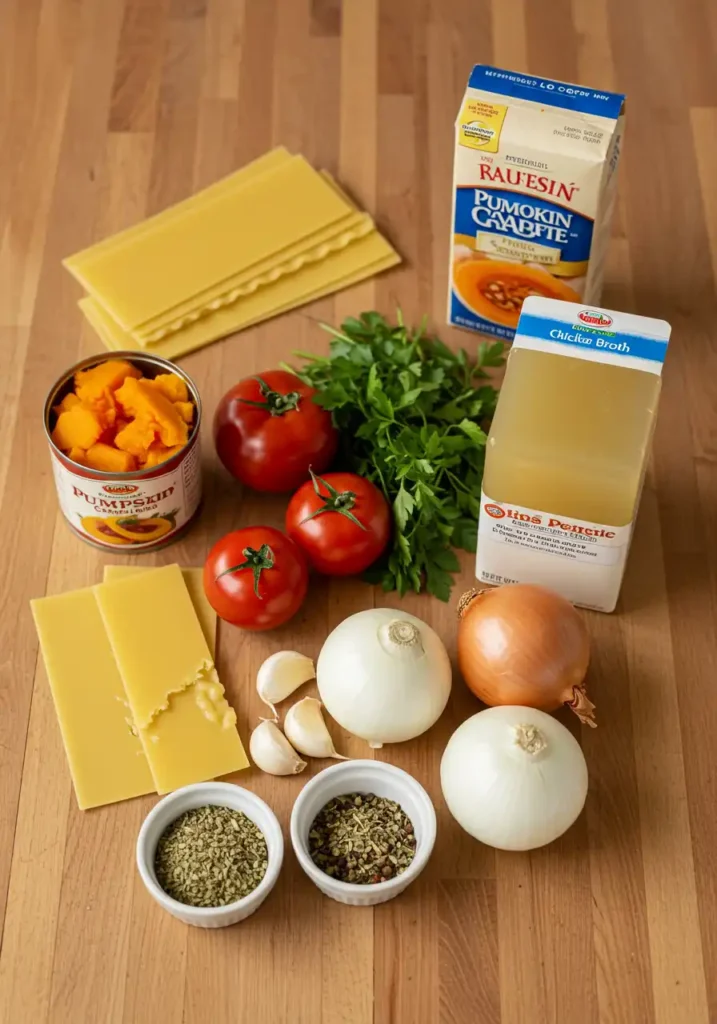 Pumpkin lasagna soup ingredients arranged on table
