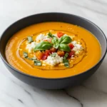 Finished pumpkin lasagna soup in a bowl with garnish