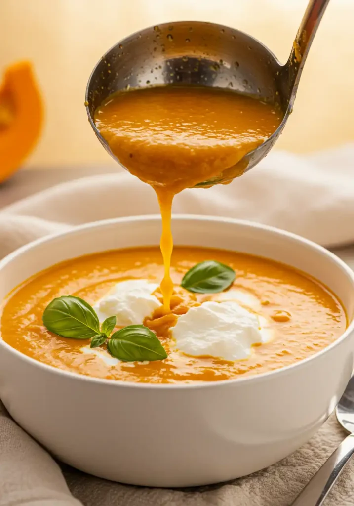 Pumpkin lasagna soup being served with cheese topping