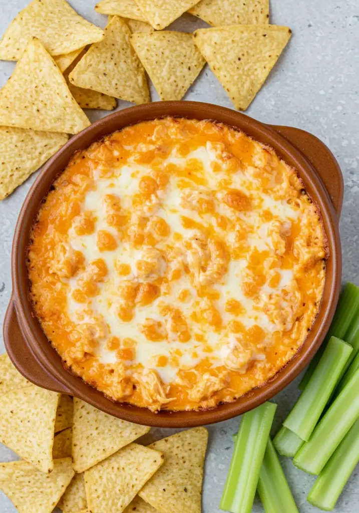 Buffalo chicken dip with yogurt and cottage cheese served with chips