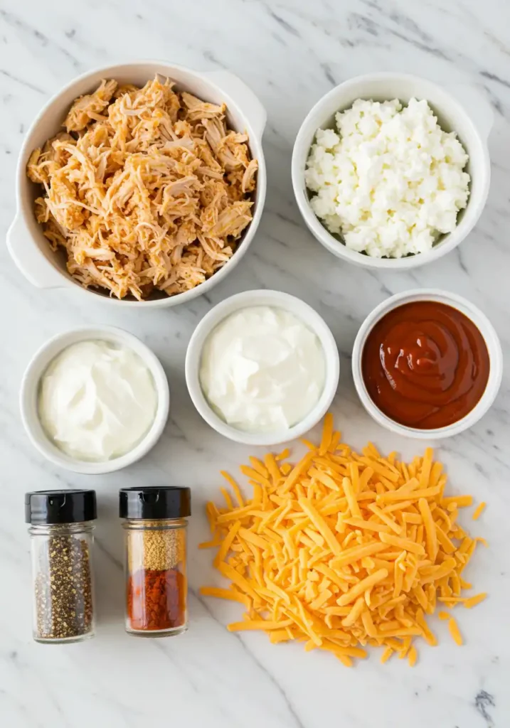 Ingredients for healthy buffalo chicken dip