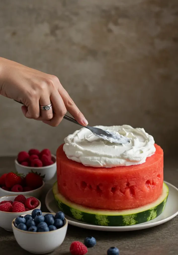 Decorating watermelon cake with whipped topping