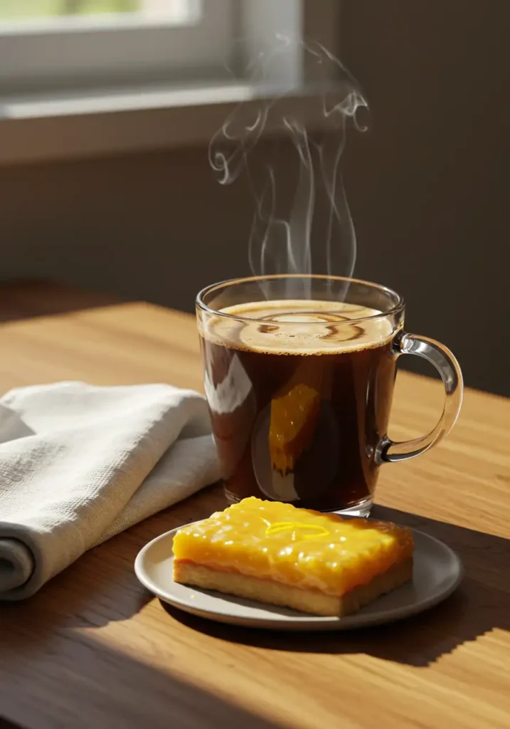 Served mushroom coffee with lemon bar