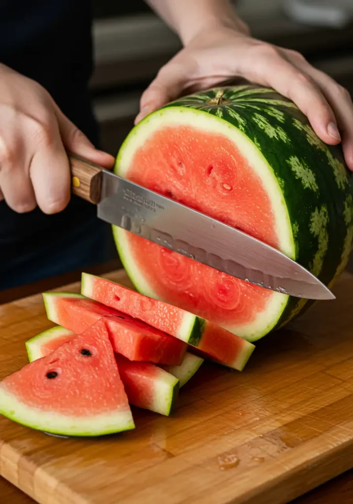 Slicing watermelon for watermelon cake base