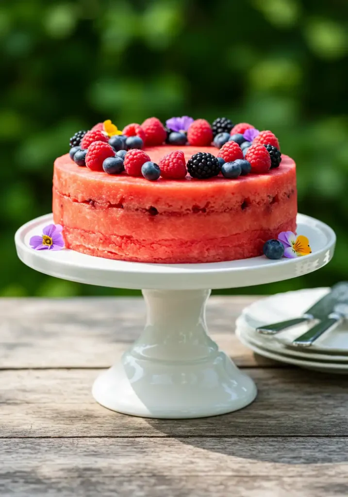 Watermelon cake recipe with fresh berries and flowers