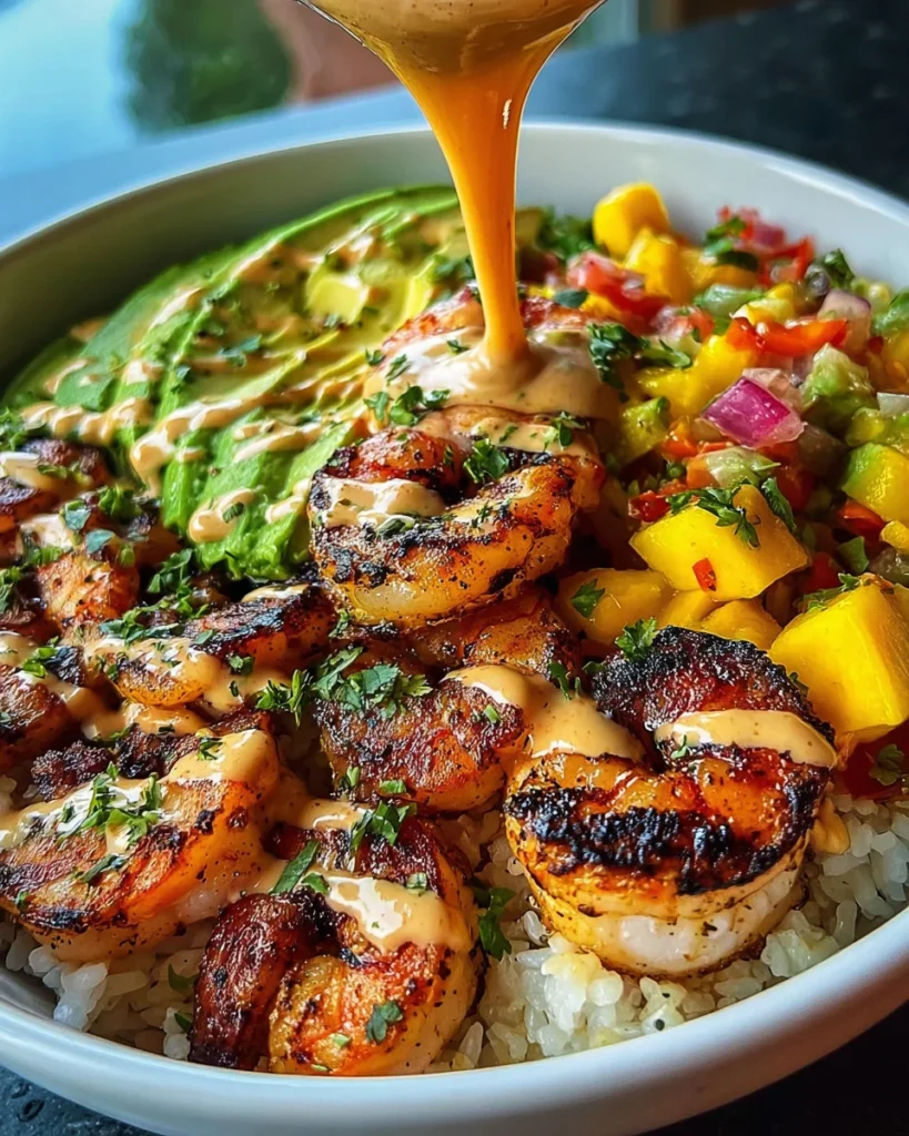 Shrimp and Avocado Bowls with Mango Salsa & Lime-Chili Sauce